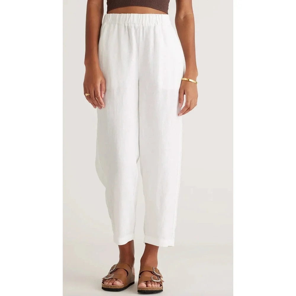 Quince Womens White 100% European Linen Straight Leg Elastic Waist Pants Sz L